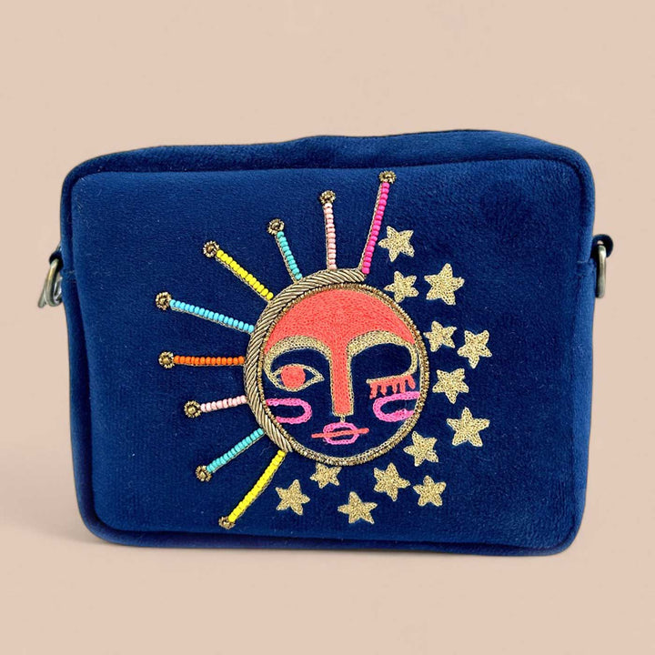 Handmade Embroidered Sunshine Design Blue Velvet Sling Bag
