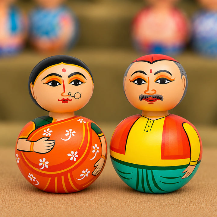 Set of 2 | Hand-Painted Orange & Teal Bobble Head Couple Wooden Golu Dolls For Gifting & Decor