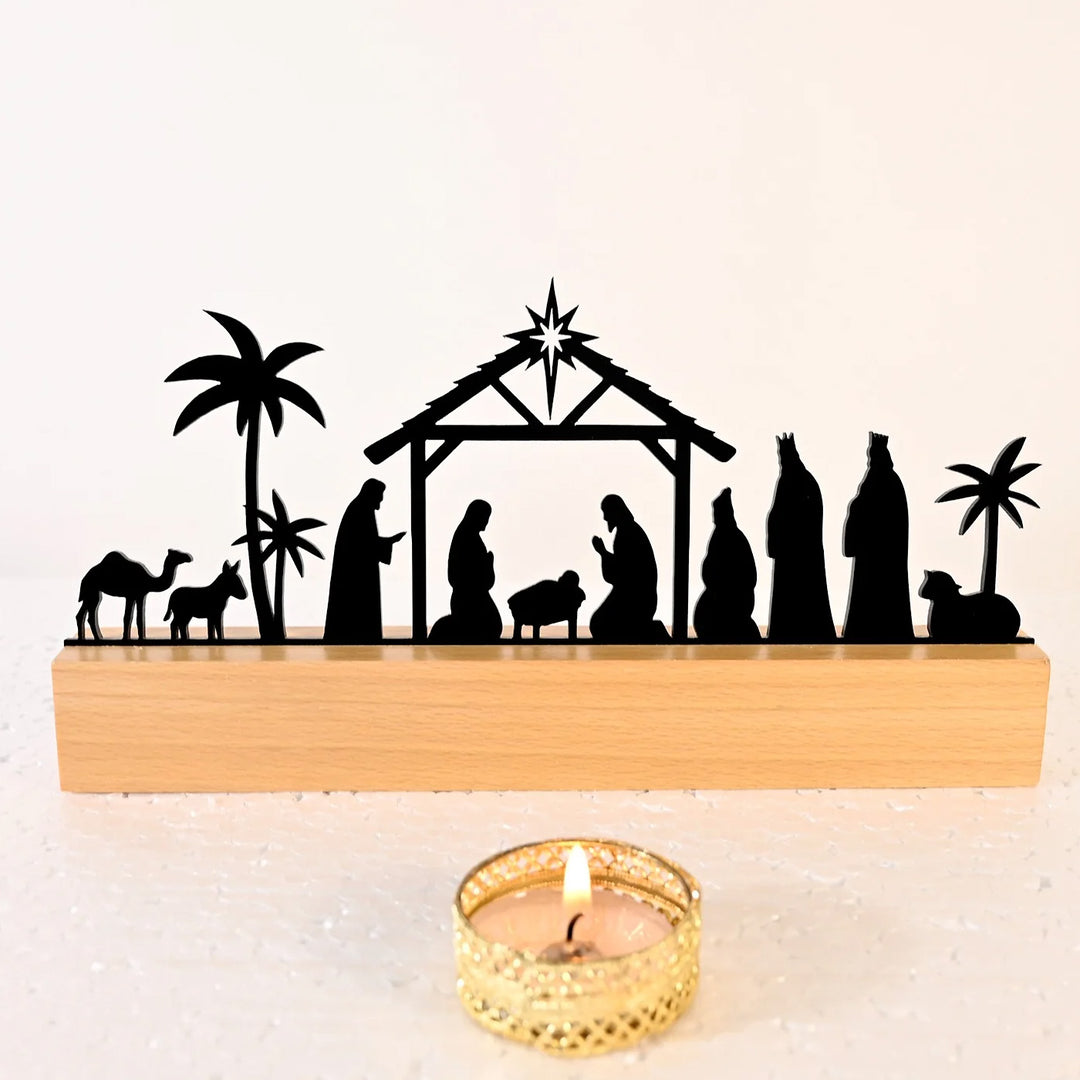 Laser Cut Nativity Scene Acrylic Silhouette With Wooden Base