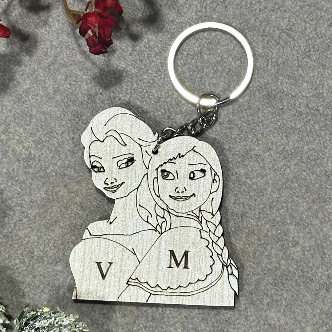 Personalized Frozen Theme Wooden Keychain For Sisters