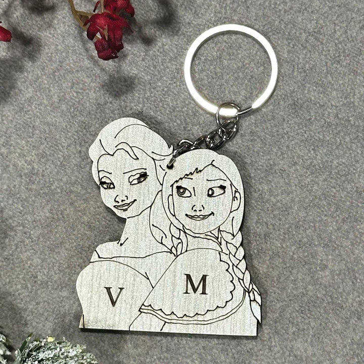 Personalized Frozen Theme Wooden Keychain For Sisters