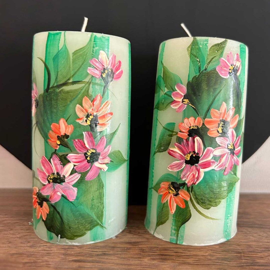Hand-Painted Wild Flowers Circular Paraffin Scented Candle | Set Of 2