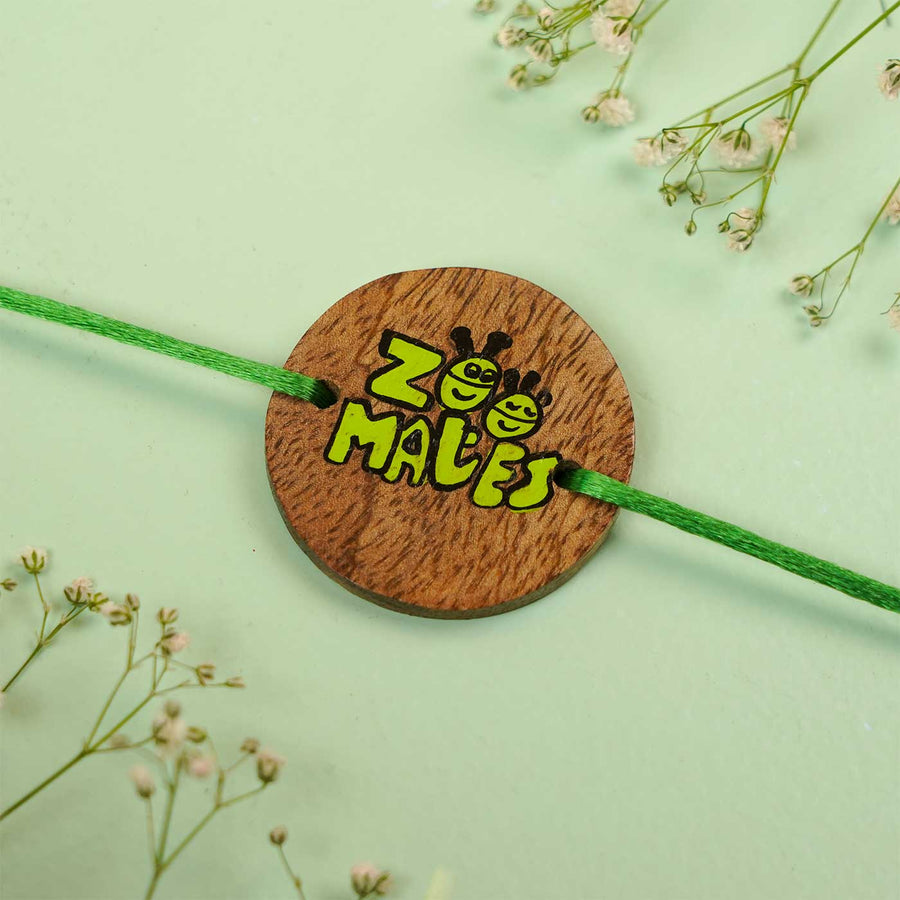 Personalized Hand Painted Zoomates Wooden Rakhi With Roli Chawal - Close-up View