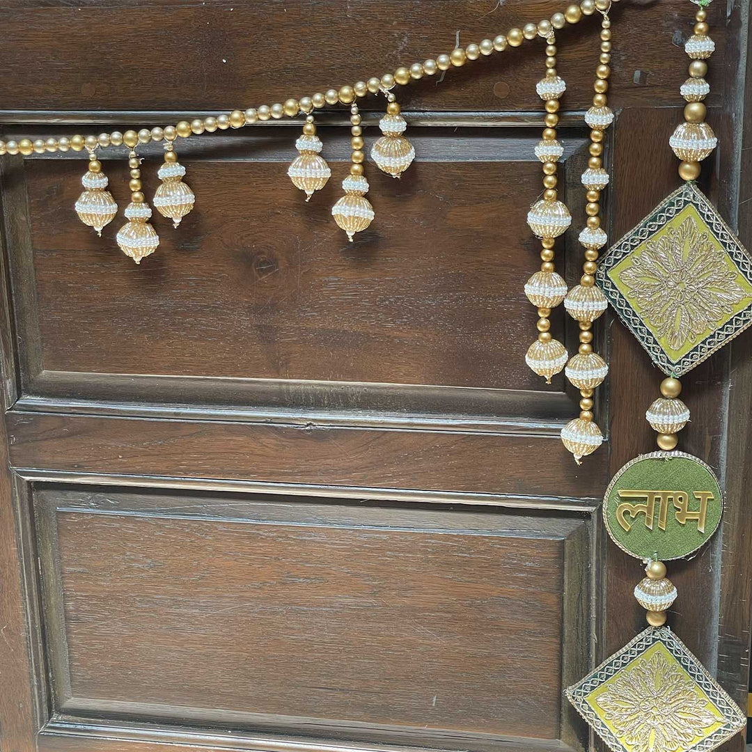3 Pc | Handmade Sunheri Latkan Beaded Banderwal Toran with Shubh Labh Hangings