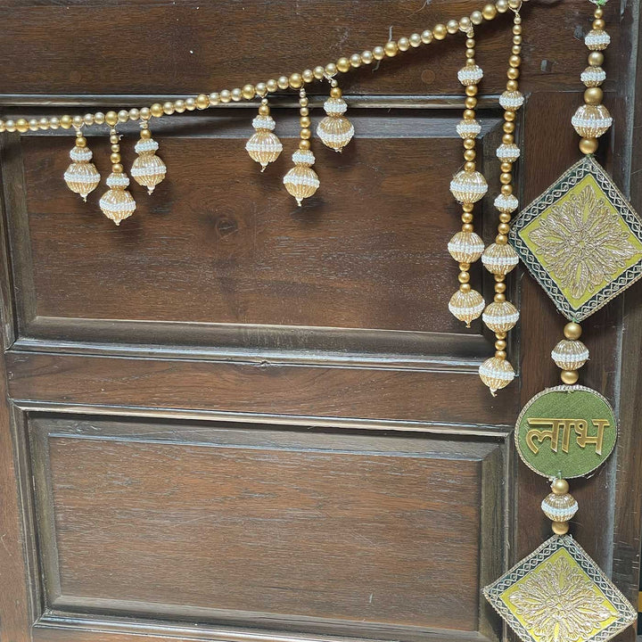 3 Pc | Handmade Sunheri Latkan Beaded Banderwal Toran with Shubh Labh Hangings