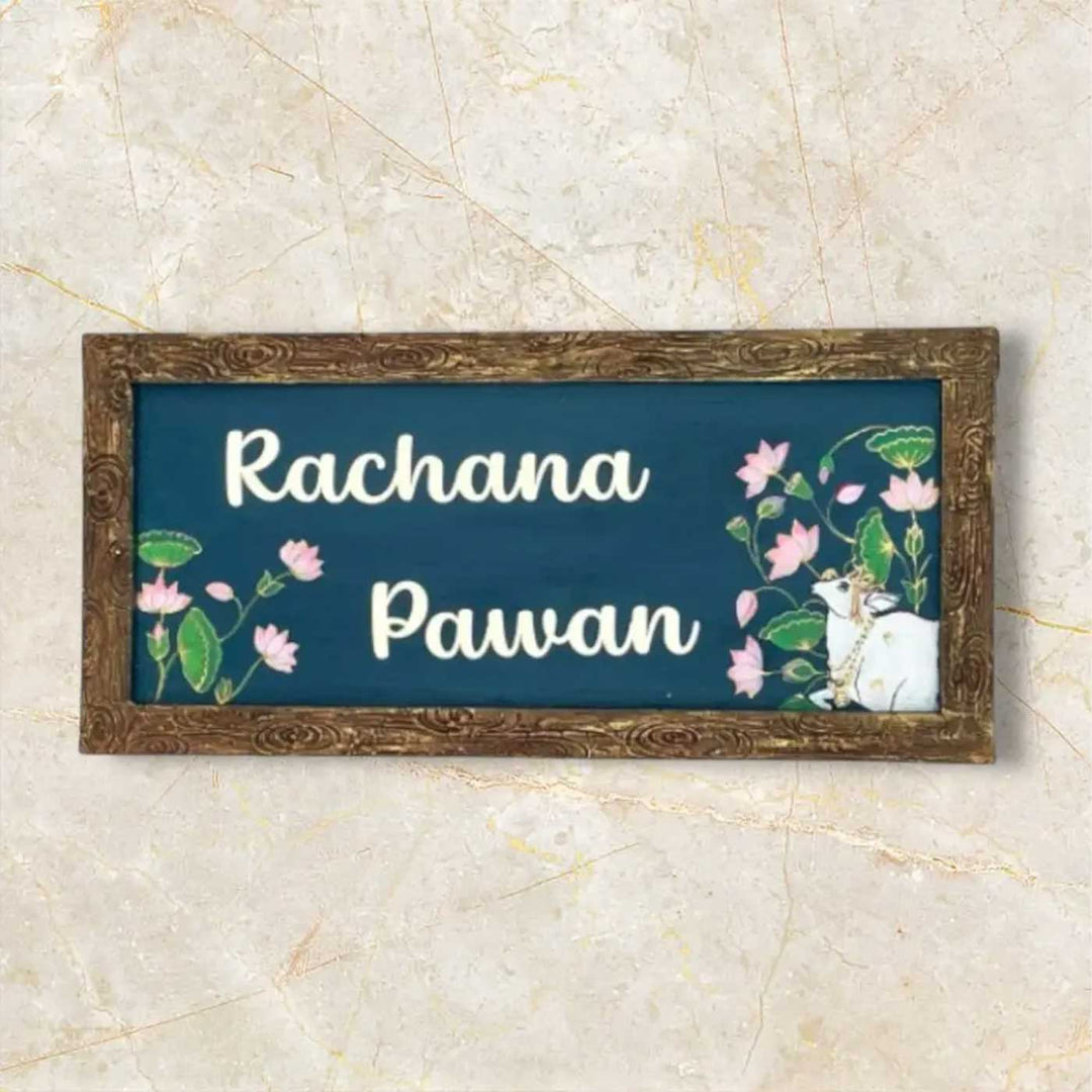 Pichawai Theme Personalized Wooden Name Plate With Border For Home