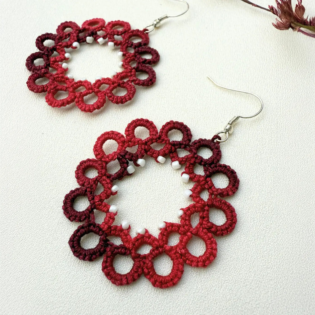 Handmade Tatting Red Hoop Style Beaded Cotton Earrings