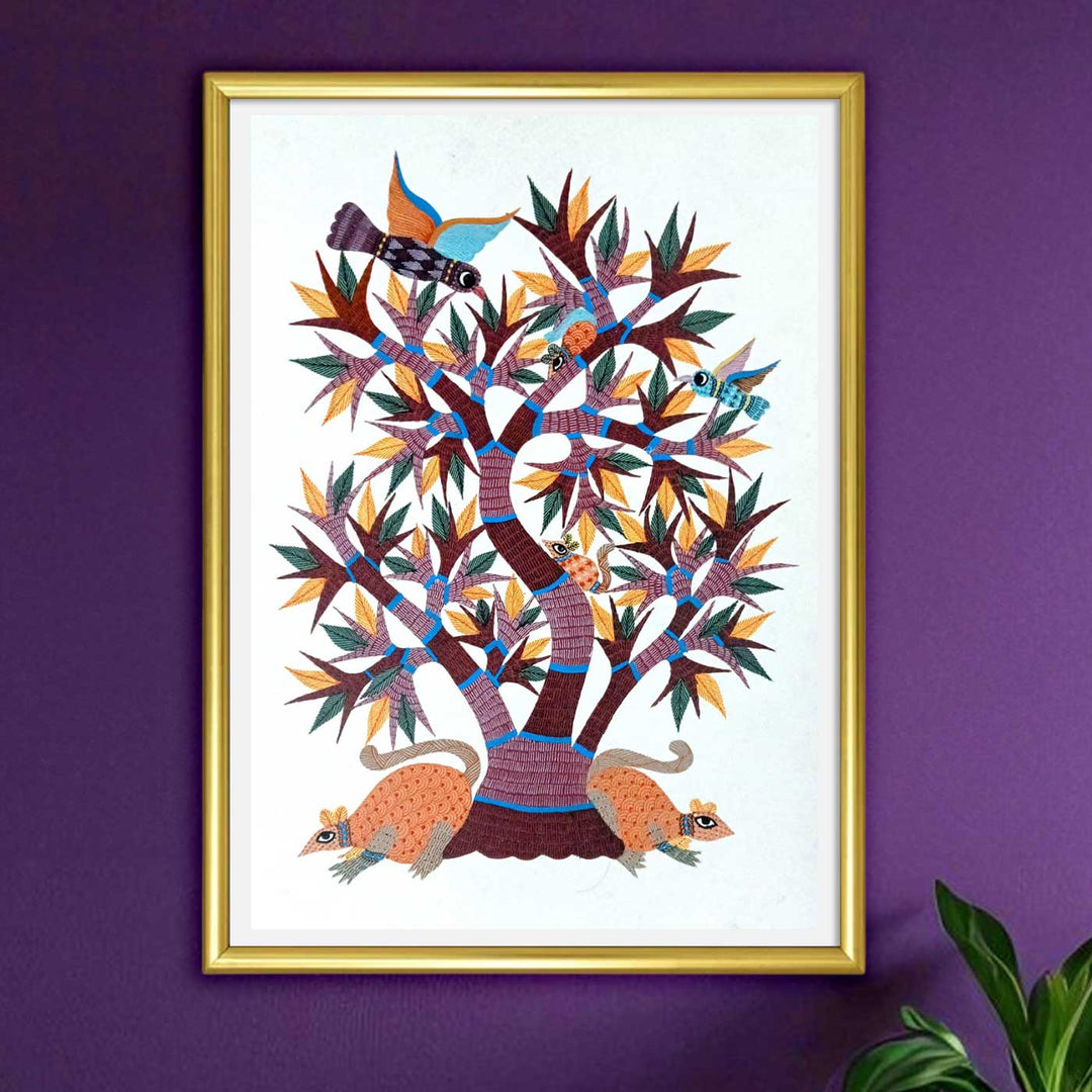 11 x 15 Inch | Tree with Birds & Animals | Original Hand painted Tribal Gond Art Painting | Acrylic Paints On Paper