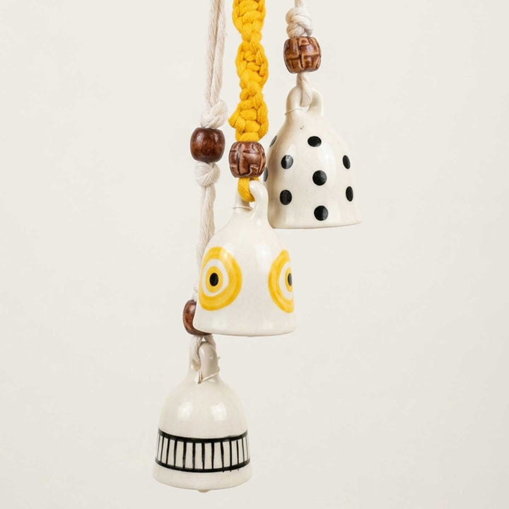 Macrame Handpainted Ceramic Bells Polka Chime Trio Hanging With Wooden Beads With Assorted Ceramic Hooks