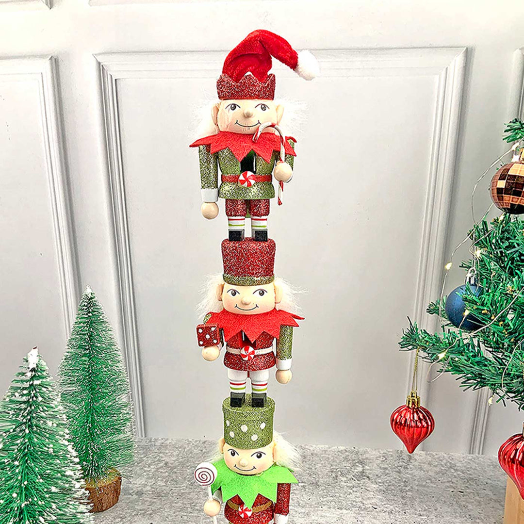 Three Tier Stacked Elves Wooden Decor For Christmas Table Decoration
