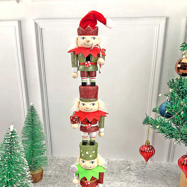 Three Tier Stacked Elves Wooden Decor For Christmas Table Decoration