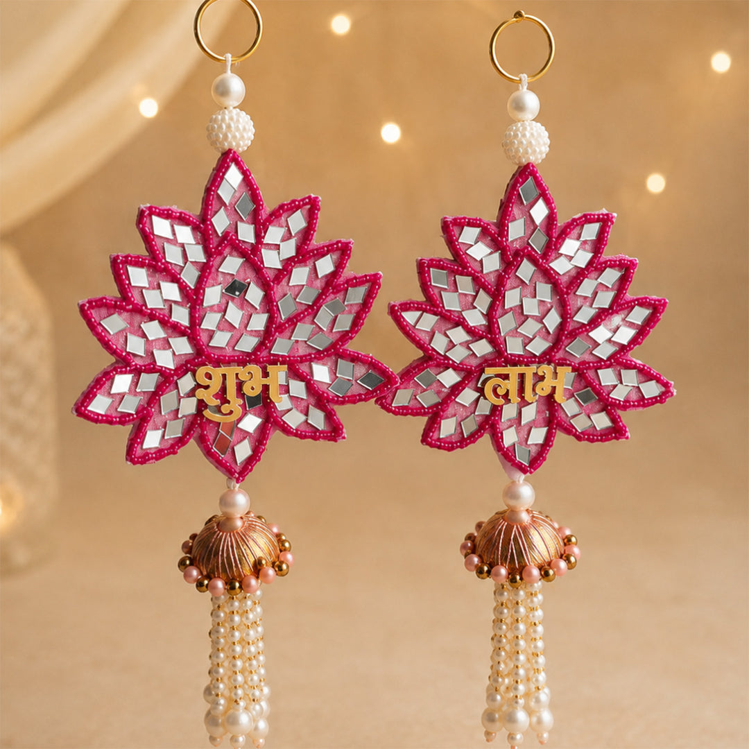 Rangoli Pink Basket Diwali Gift Hamper With 2 Shubh Labh Potlis And Almonds For Festive Gifting