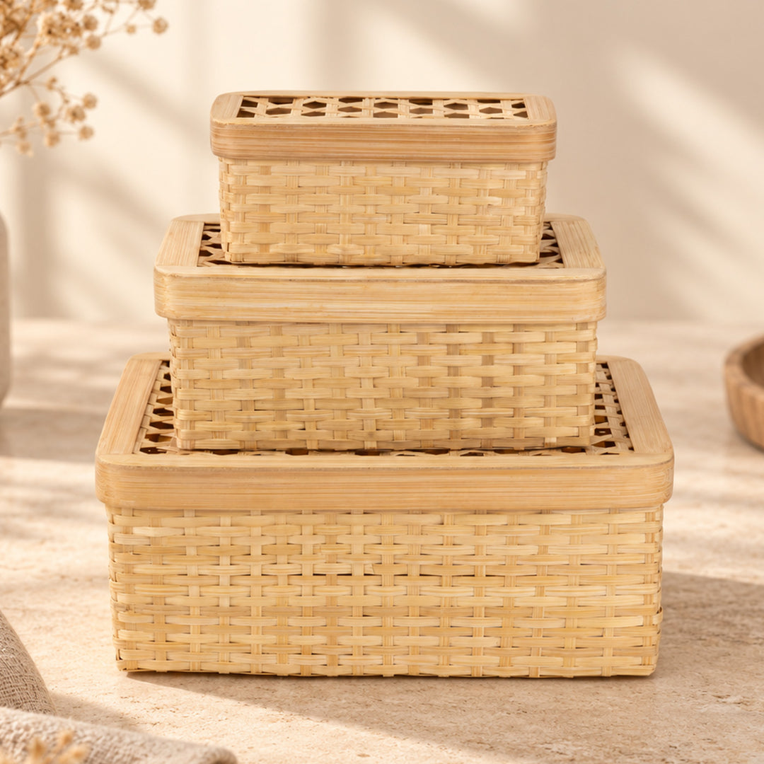 Set Of 3 "Mira" Handcrafted Hexagonal Weave Bamboo Rectangular Gift Box For Storage And Gifting