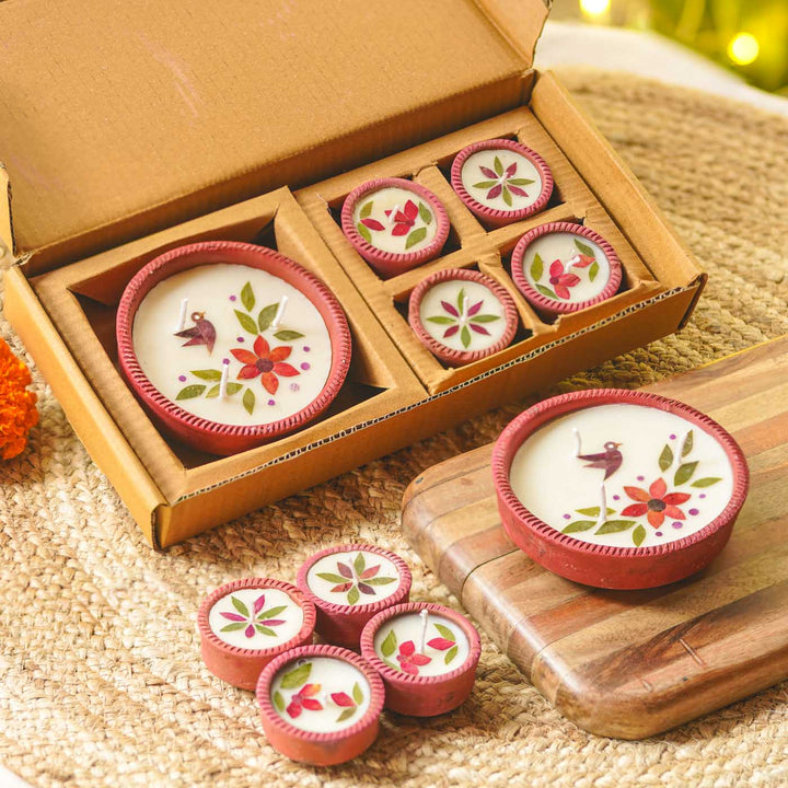 10 Diyas | Handmade Soy Wax & Dry Flower Festive Diyas | 2 Boxes, 5 Diyas per Box