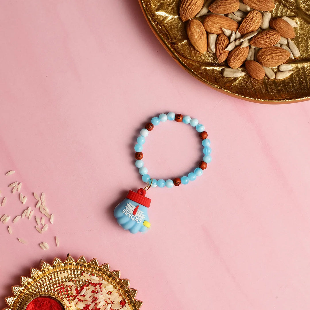 Handmade Blue Mahakal Kids Rakhi With Roli Chawal