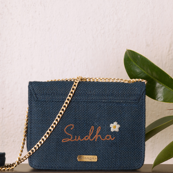 Personalized Embroidered Pink Buttercups Blue Flap Bag