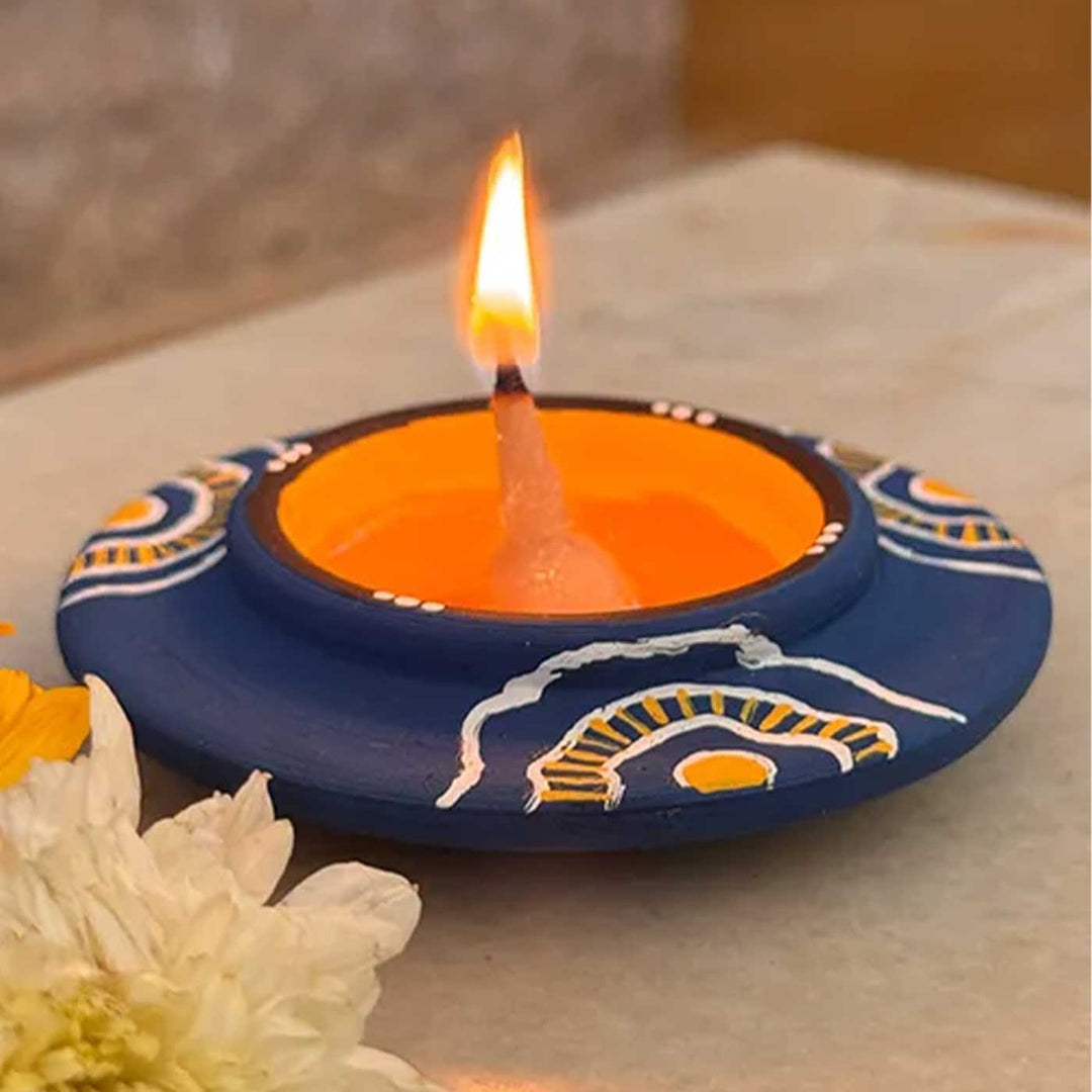 Set of 8 | "Blue Bloom" Hand-Painted Terracotta Disc Diya Tealight Holders For Festive Decor