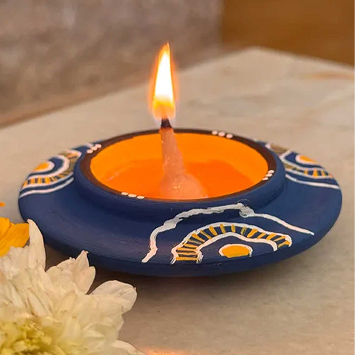 Set of 8 | "Blue Bloom" Hand-Painted Terracotta Disc Diya Tealight Holders For Festive Decor