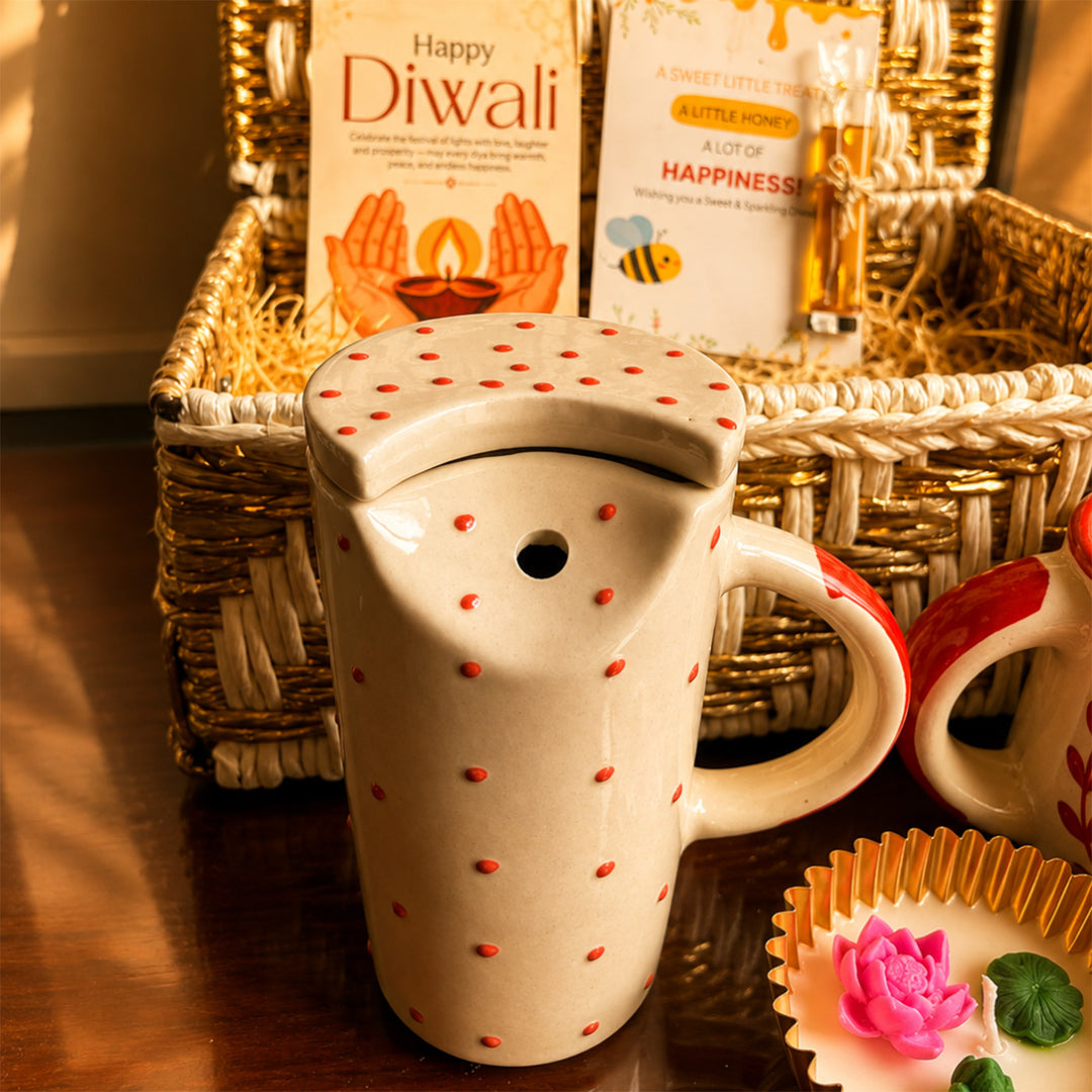 Ruby Sip Red Diwali Gift Hamper With Tumbler, Mug And Small Urli Soy Wax Candle For Festive Gifting