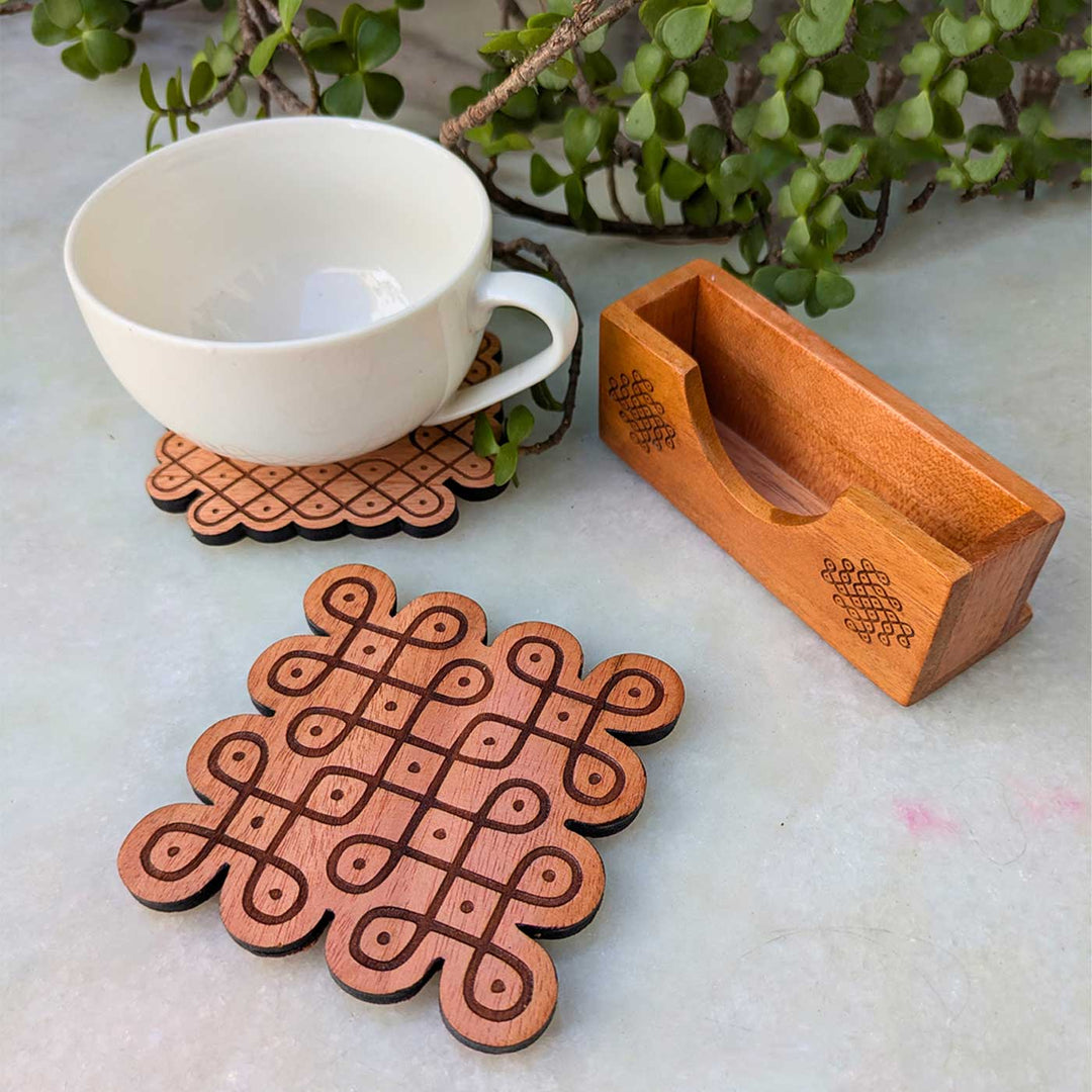 2 pc | Engraved Mahogany Wood Square Kolam Coasters With Holder For Coffee Table & Dining Decor