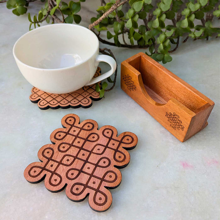 2 pc | Engraved Mahogany Wood Square Kolam Coasters With Holder For Coffee Table & Dining Decor