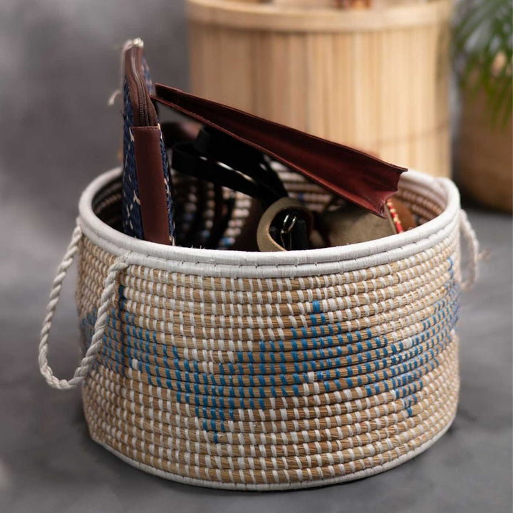 Handmade Ecofriendly Grass Woven Wave Design Moonj Storage Basket