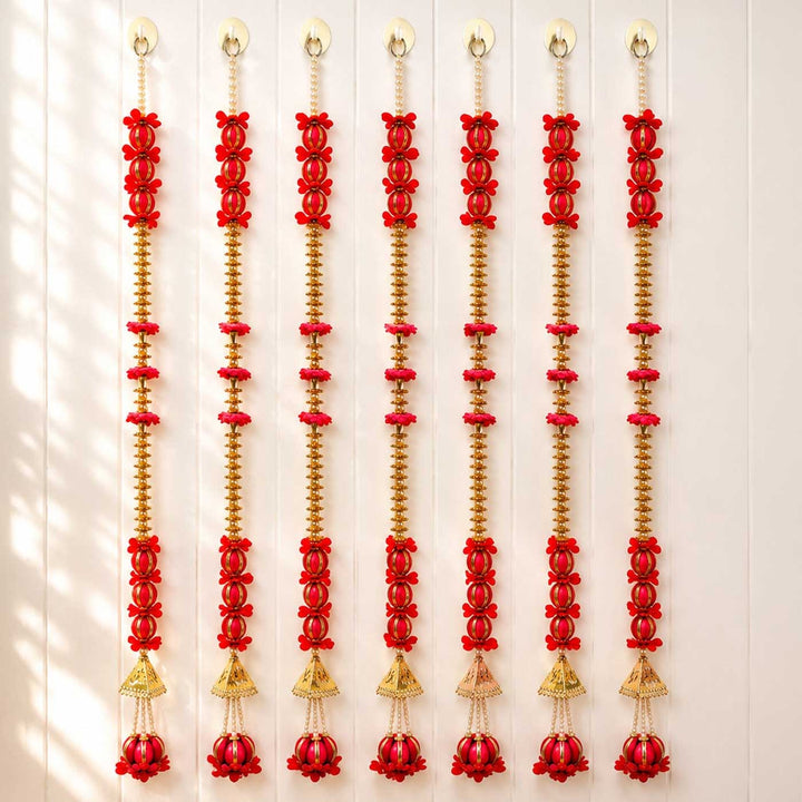 Handcrafted Red Artificial Flower And Gold Bells Tassel Door Hangings With Gold Bead Detailing