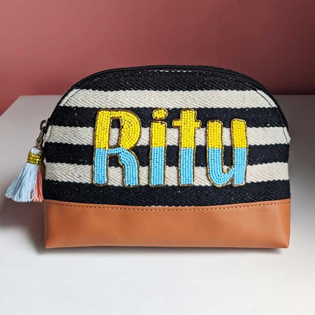 Personalized Handmade Embroidered Black And Whie Stripes Jacquard Pouch