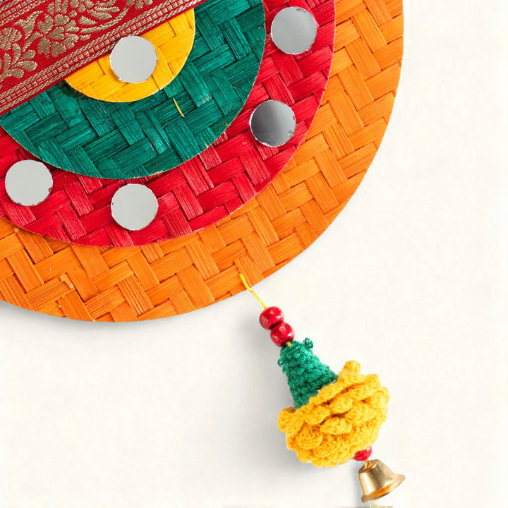 Multicoloured Mirror & Marigold Embellished Eco-Friendly Handmade Woven Bamboo Toran | 41 Inch x 7 Inch