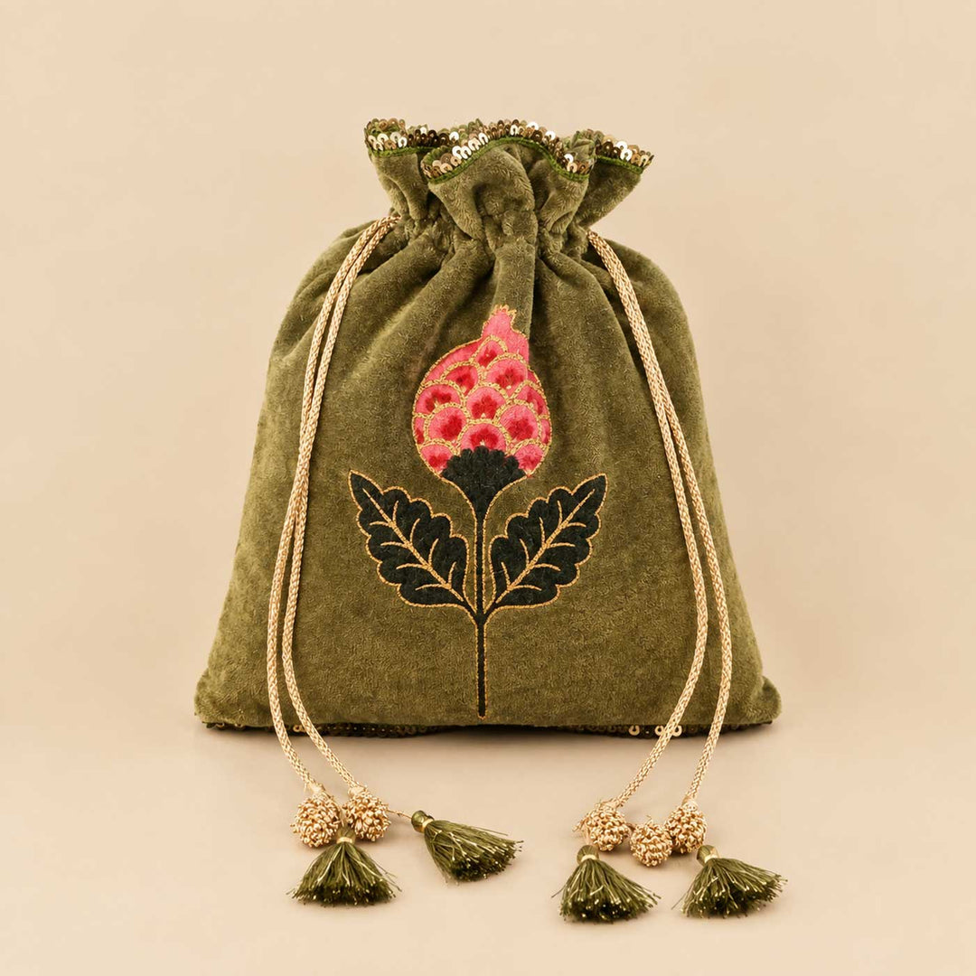 Handmade Anar Screen Printed Velvet Potli For Festive Gifting - Large