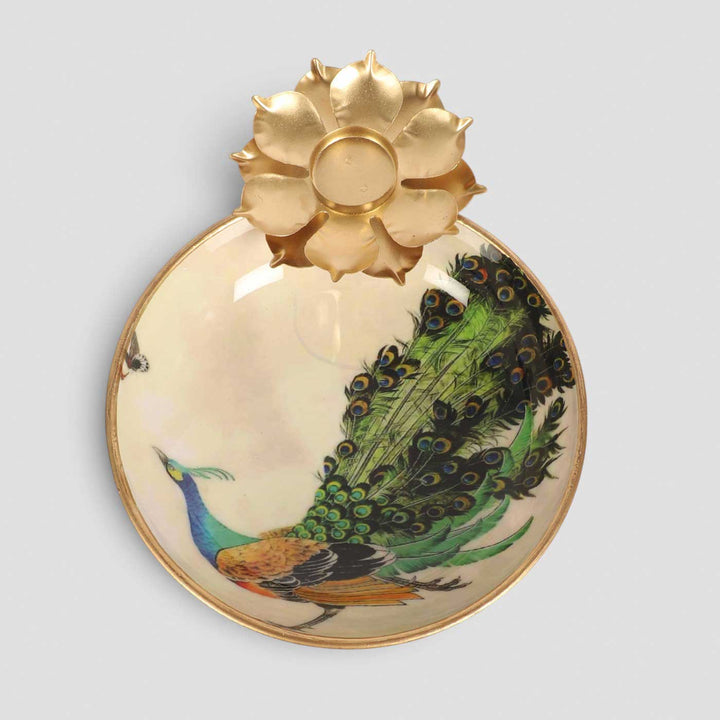 Handmade Green Meena Enamel Peacock Urli With Floral Tealight Holder For Festive Decor