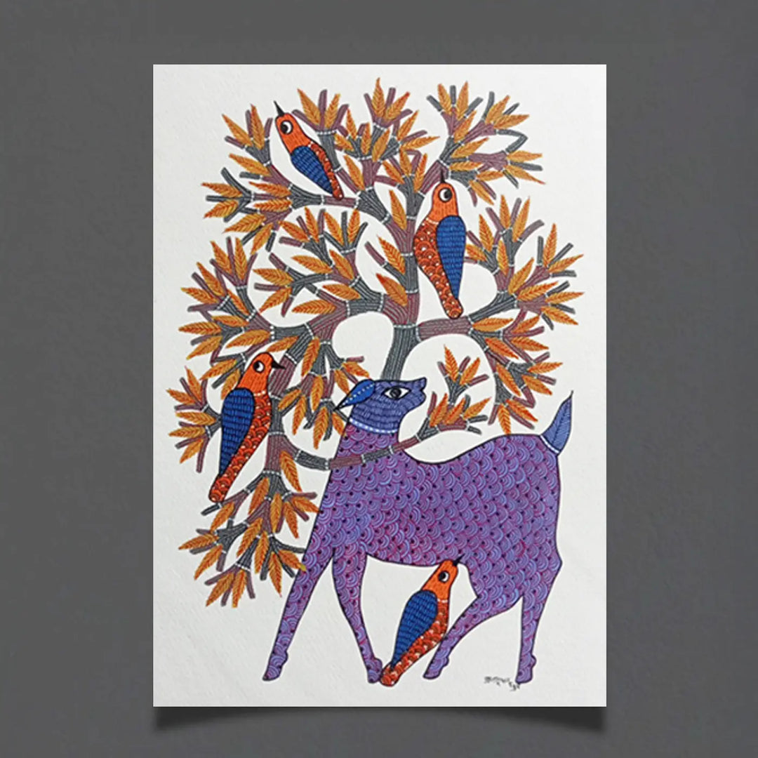 11 x 16 Inch | Wildlife & Birds Under Tree | Original Hand Painted Tribal Gond Art Painting | Acrylic Paint On Paper