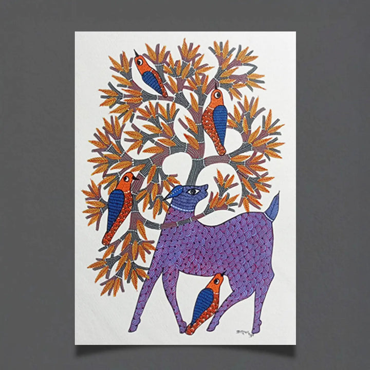 11 x 16 Inch | Wildlife & Birds Under Tree | Original Hand Painted Tribal Gond Art Painting | Acrylic Paint On Paper