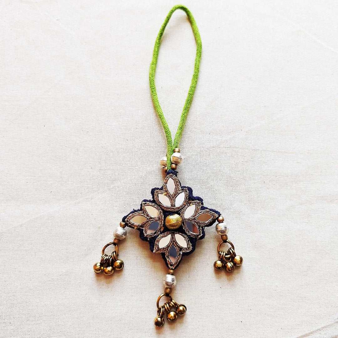 Handmade Mirror Work & Ghungroo Blue Silk Lumba Rakhi for Bhabhi With Roli Chawal