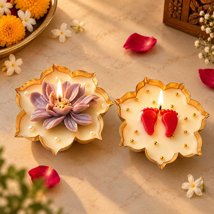 2 pc | Handmade Divine Bloom & Festive Steps Soy Wax Urli Candle With Rose Fragrance