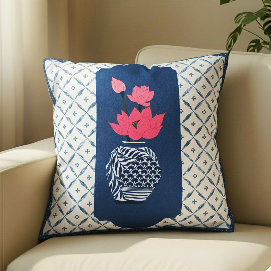16 Inch | Printed Lotus Blue Pottery Cushion Cover
