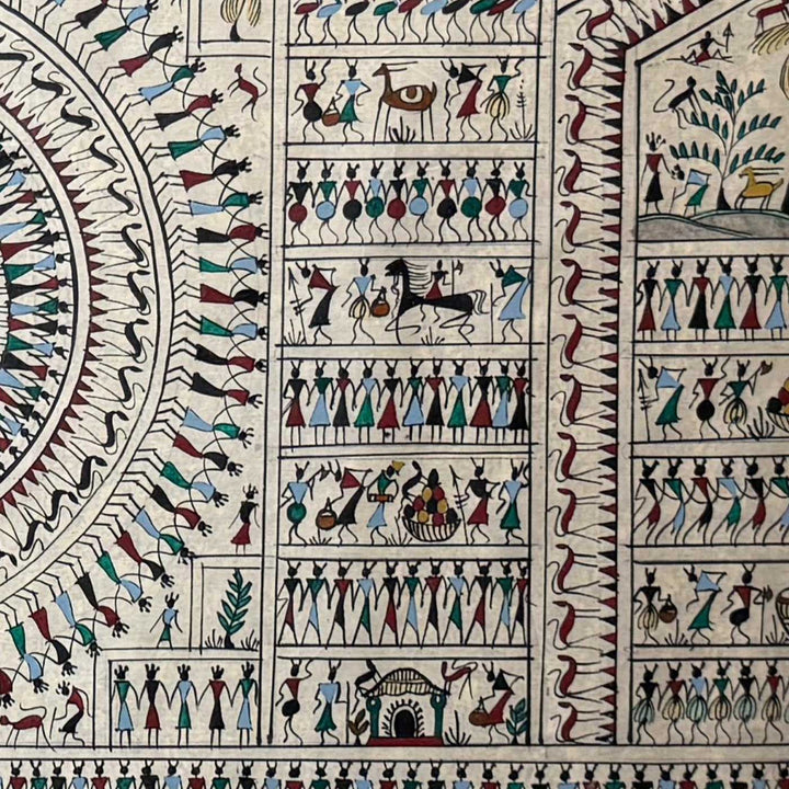 41 X 20 Inch | Handmade Tussar Silk Saura Mandala Painting