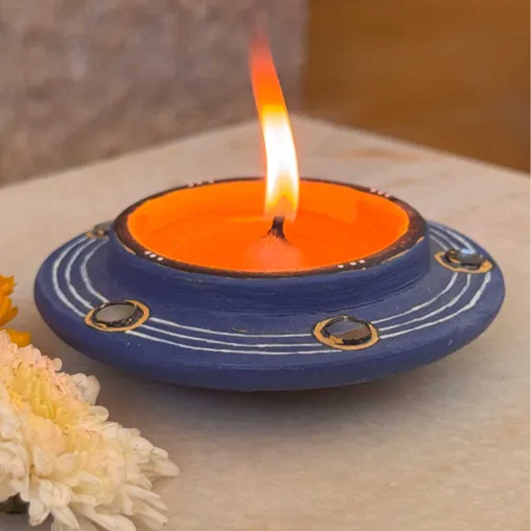Set of 8 | "Blue Rhythm" Mirror Work Hand-Painted Terracotta Disc Diya Tealight Holders For Festive Decor