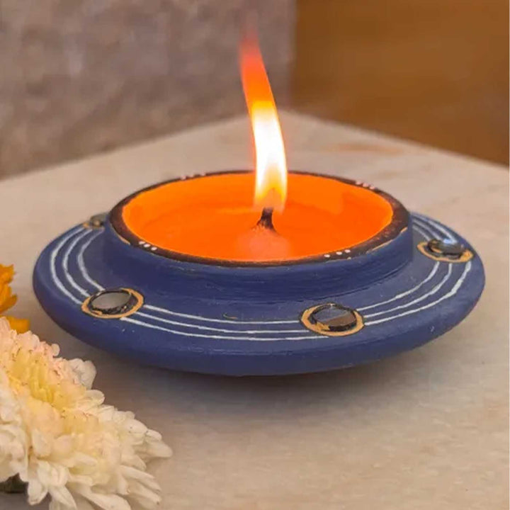 Set of 8 | "Blue Rhythm" Mirror Work Hand-Painted Terracotta Disc Diya Tealight Holders For Festive Decor