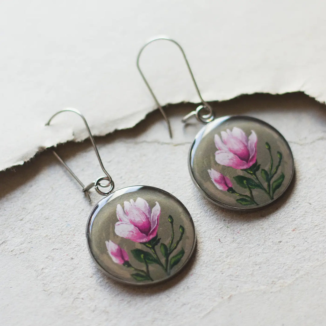 Illustrated Magnolia Flower Design Resin & Stainless Steel Earrings