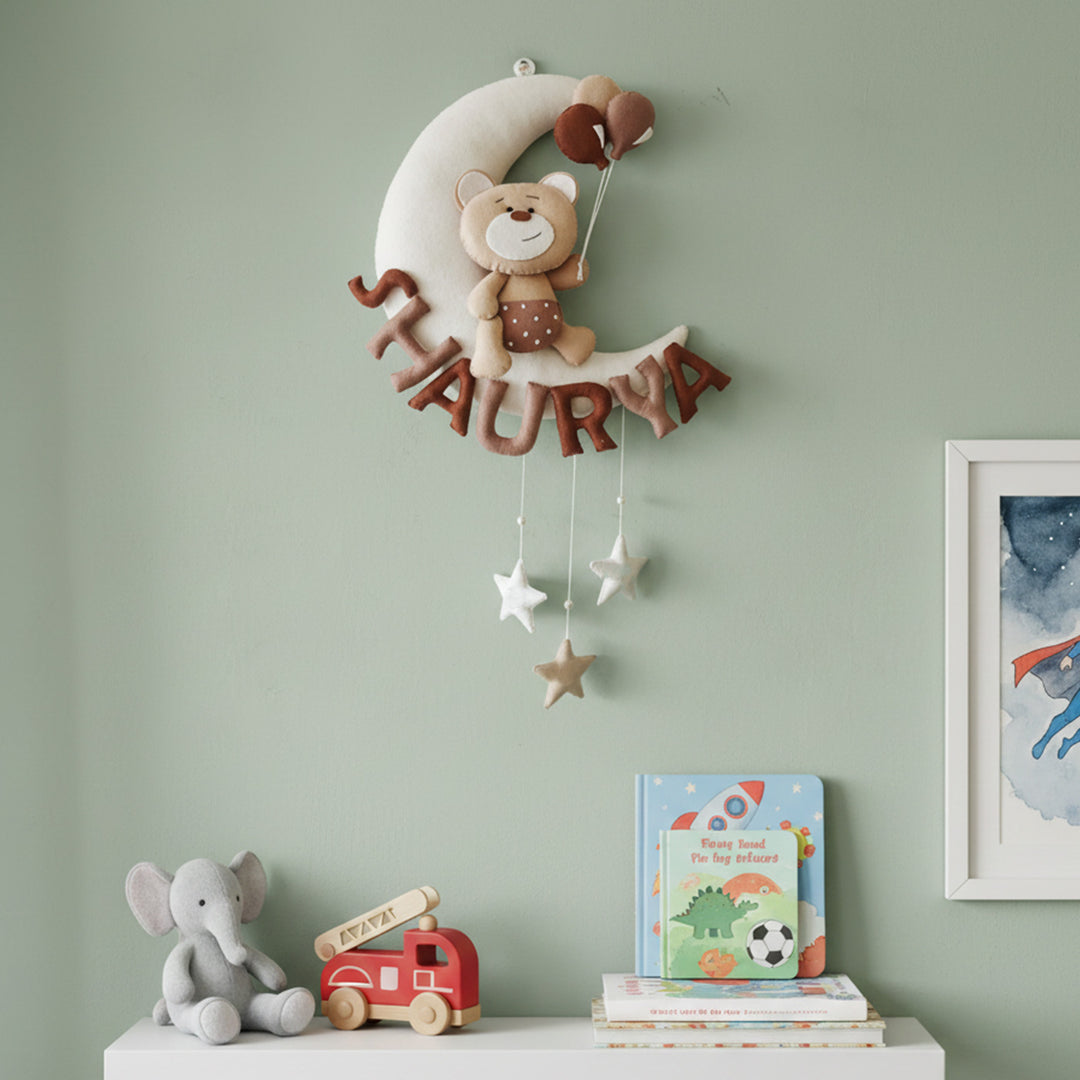 Hand-stitched Teddy Themed Felt Moon Nameplate with Birthdate For Kids