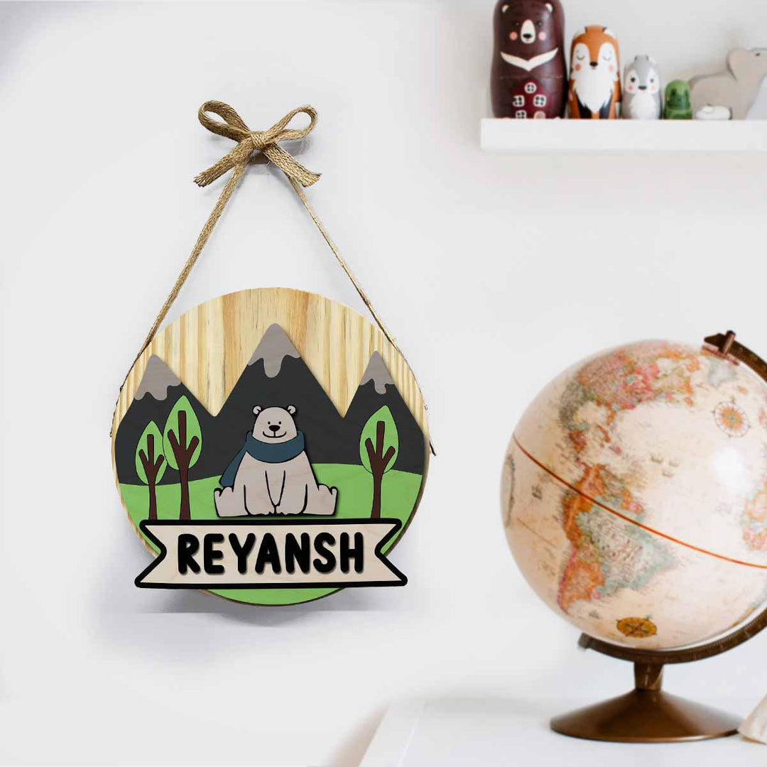 Kids Circular 3D Bear Themed Nameplate With Lights - Front View Hanging on Wall