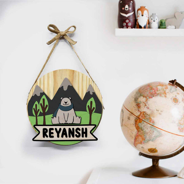 Kids Circular 3D Bear Themed Nameplate With Lights - Front View Hanging on Wall