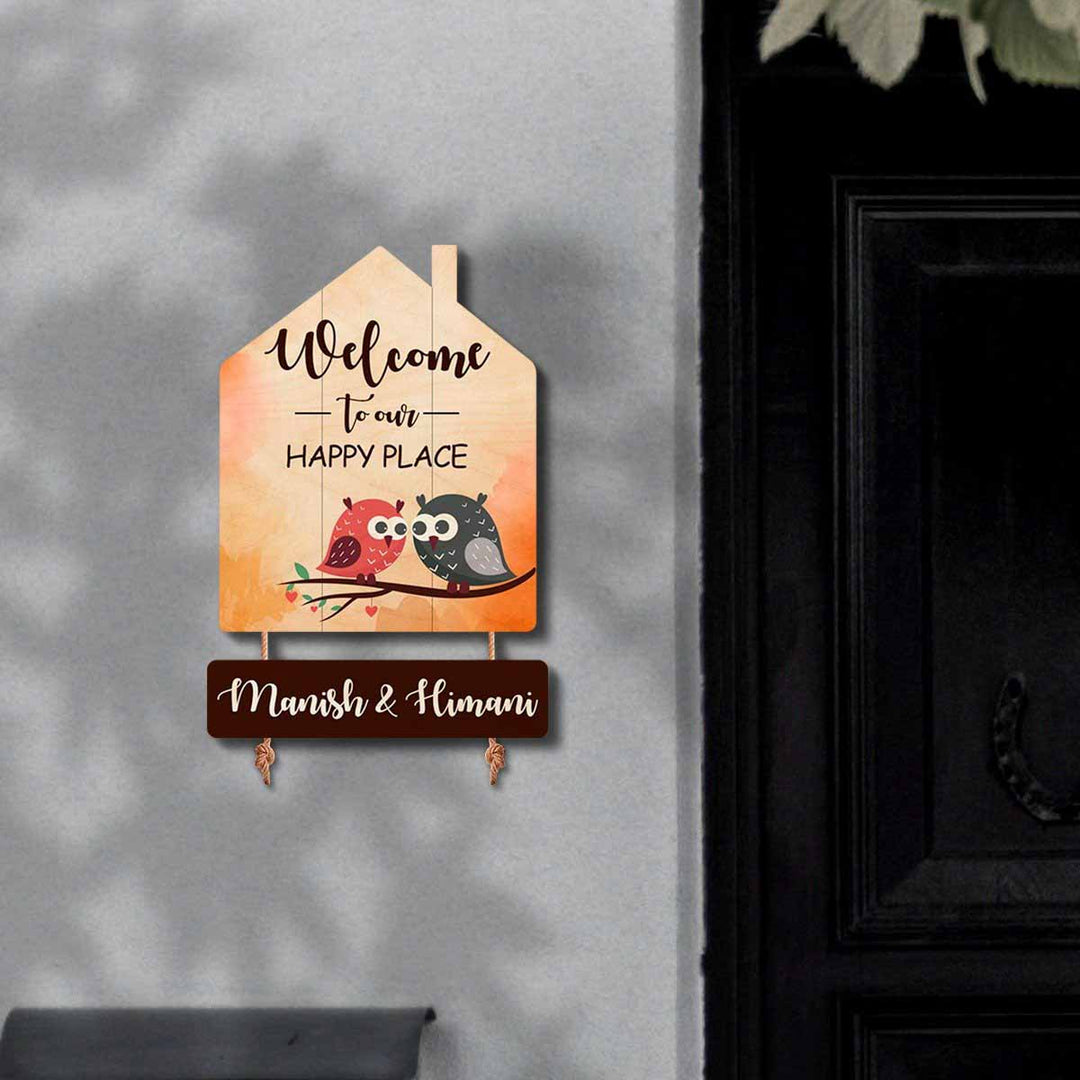 Printed Wooden House Shaped Owl Nameplate for Couples