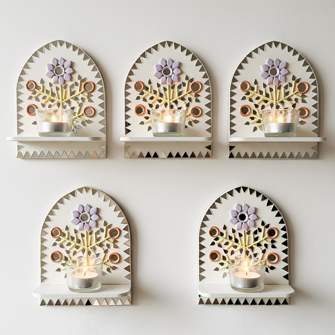 Hand-Painted Mirror Work Bageecha Floral MDF Wood Tealight Holder