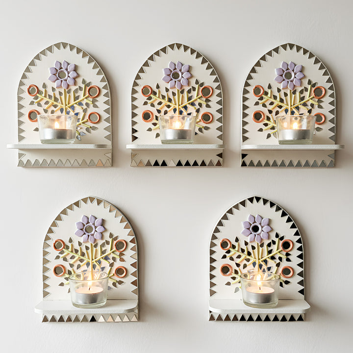 Hand-Painted Mirror Work Bageecha Floral MDF Wood Tealight Holder