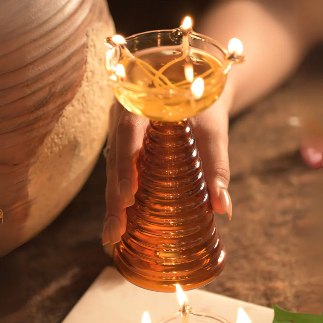 Handmade Amber Tall Borosil Glass Oil Lamp / Diya | 5.9 inch