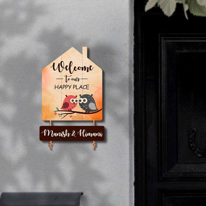 Printed Wooden House Shaped Owl Nameplate For Family