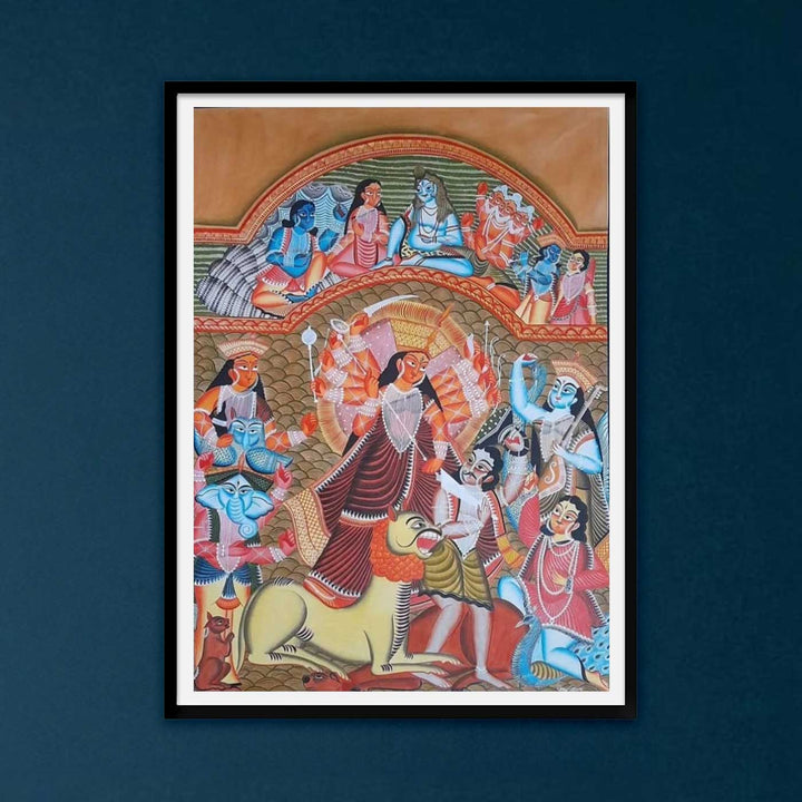22 x 30 Inch | Mahishasura Mardini Durga With Lion | Original Hand Painted Kalighat Painting | Natural Pigment On Paper