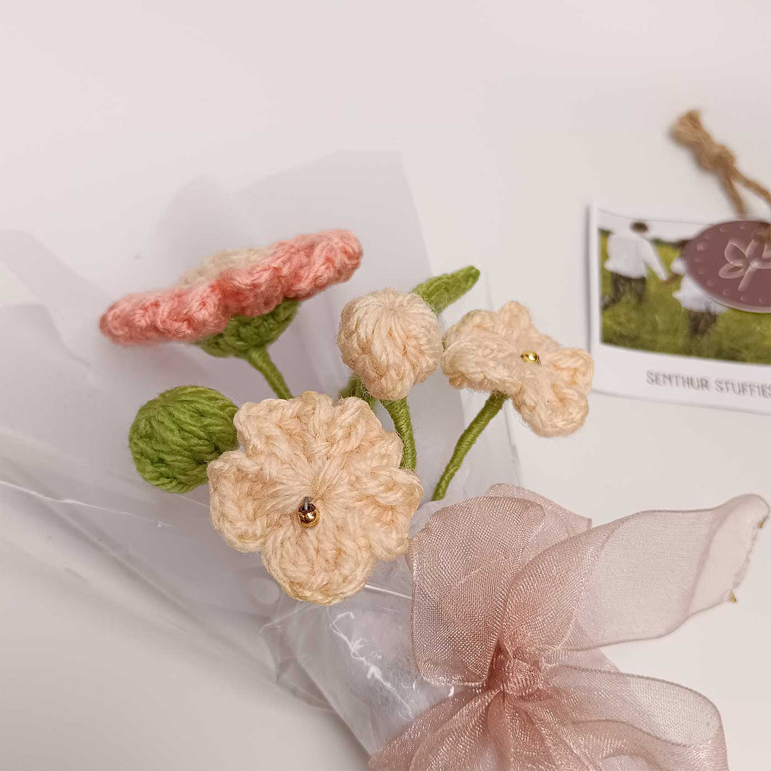 Handmade Crochet Peach & Cream Mini Flower Bouquet | Includes Photo & Greeting Card